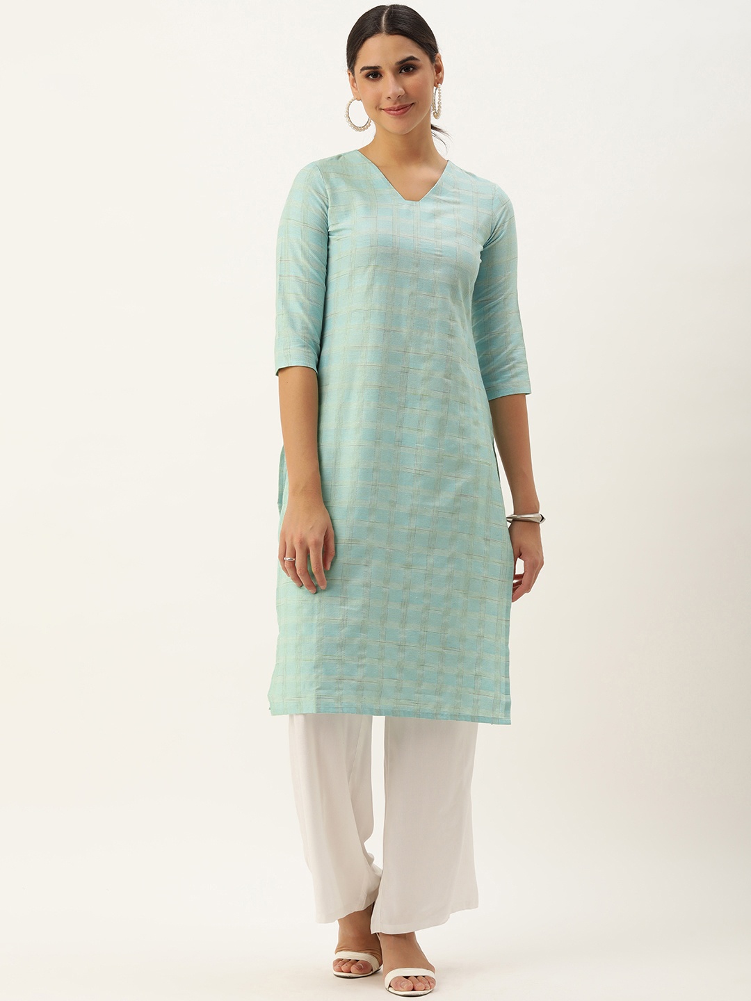 

Saanjh Women Turquoise Blue Checked Kurta