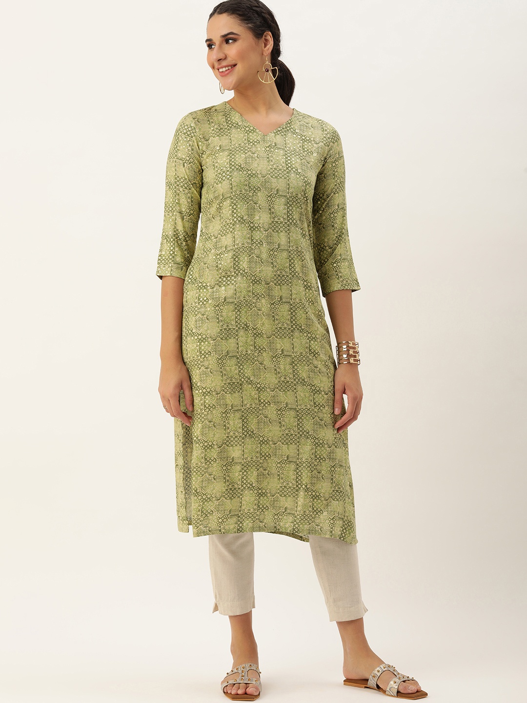 

Saanjh Women Green Ethnic Motifs Printed Kurta