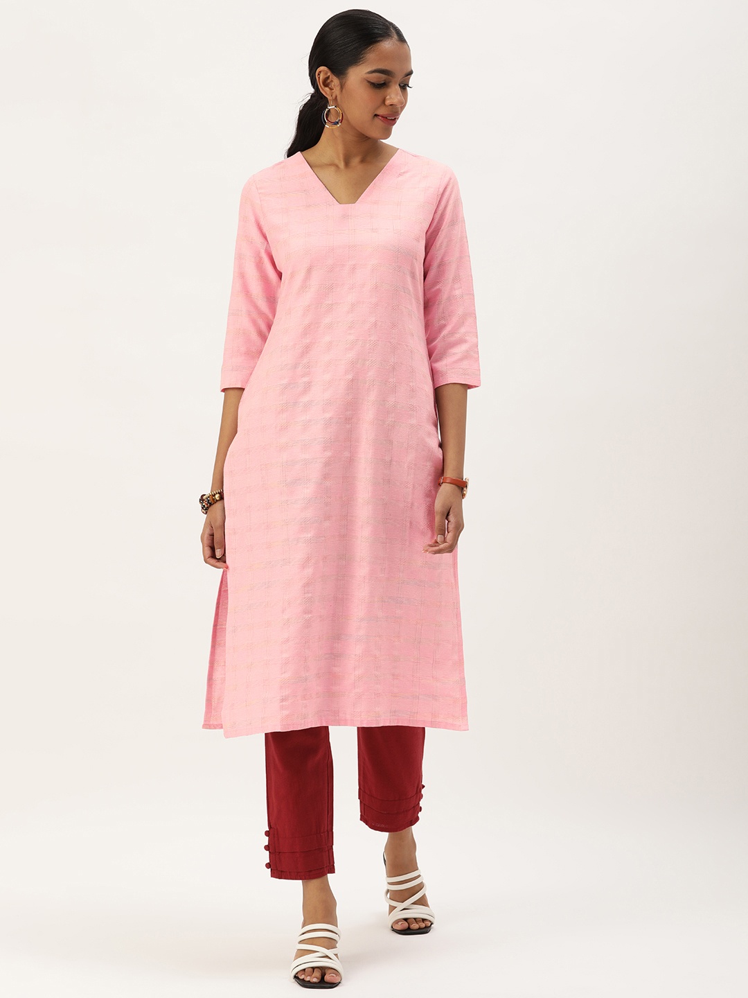 

Saanjh Women Checked Kurta, Pink