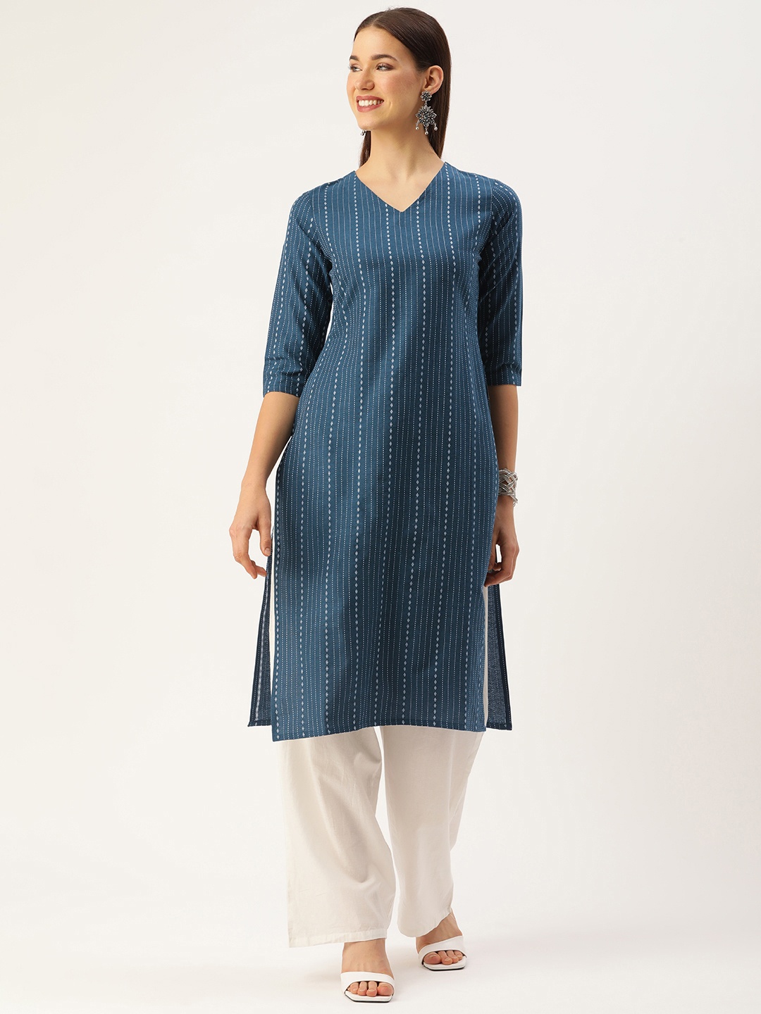 

Saanjh Women Teal Striped Kurta