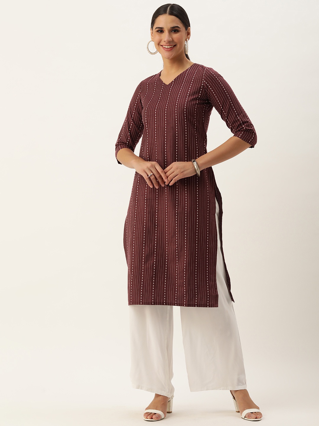

Saanjh Women Burgundy Striped Kurta