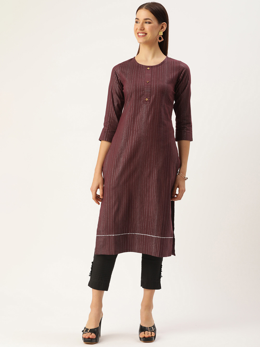 

Saanjh Women Striped Cotton Kurta, Maroon