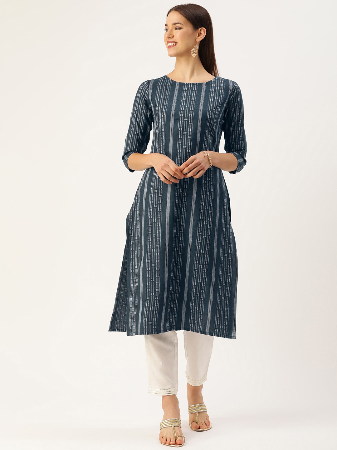 

Saanjh Women Striped Kurta, Teal