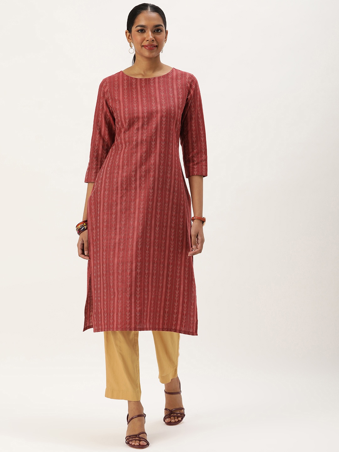 

Saanjh Women Striped Cotton Kurta, Red