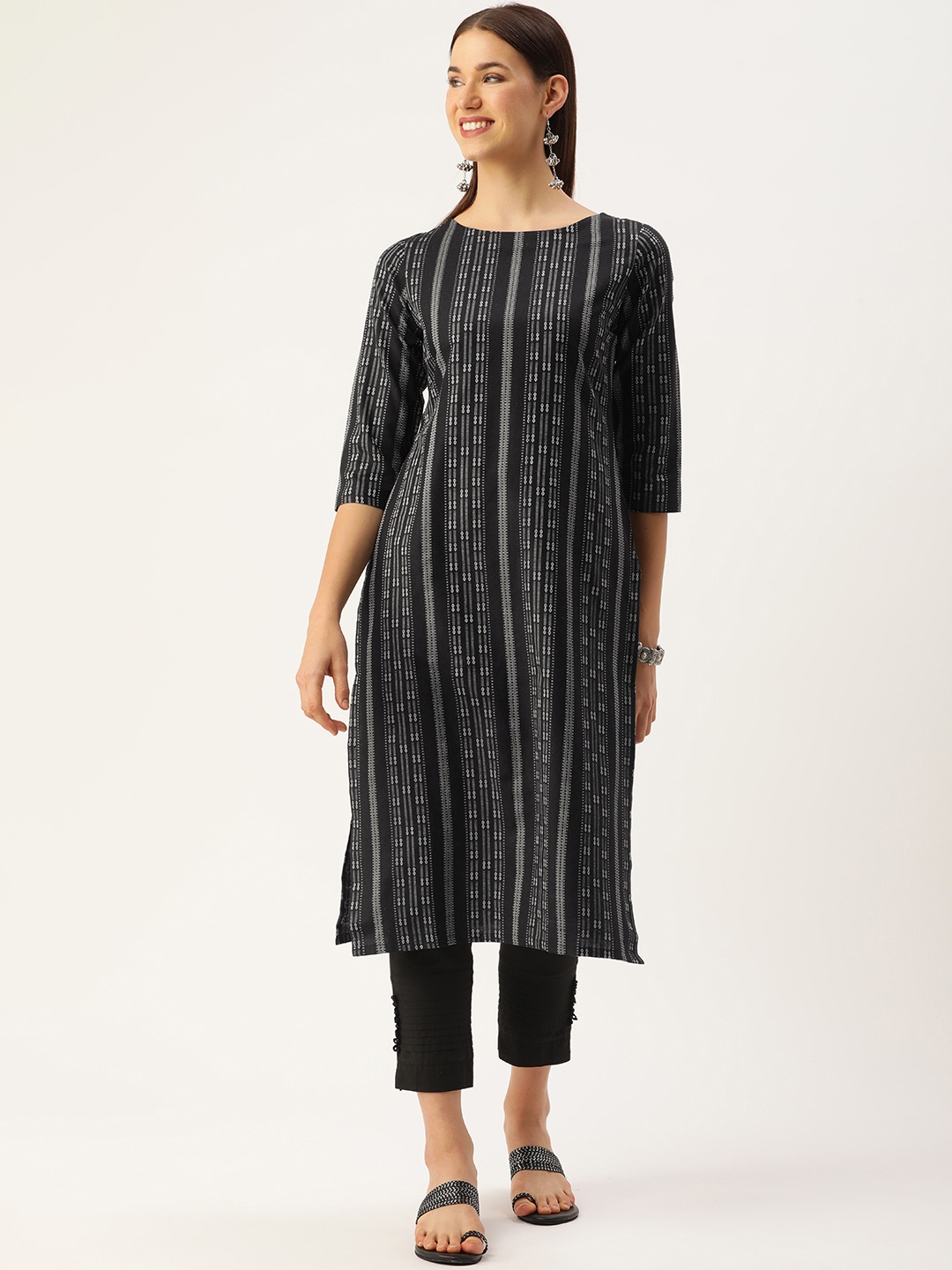 

Saanjh Women Striped Cotton Kurta, Black