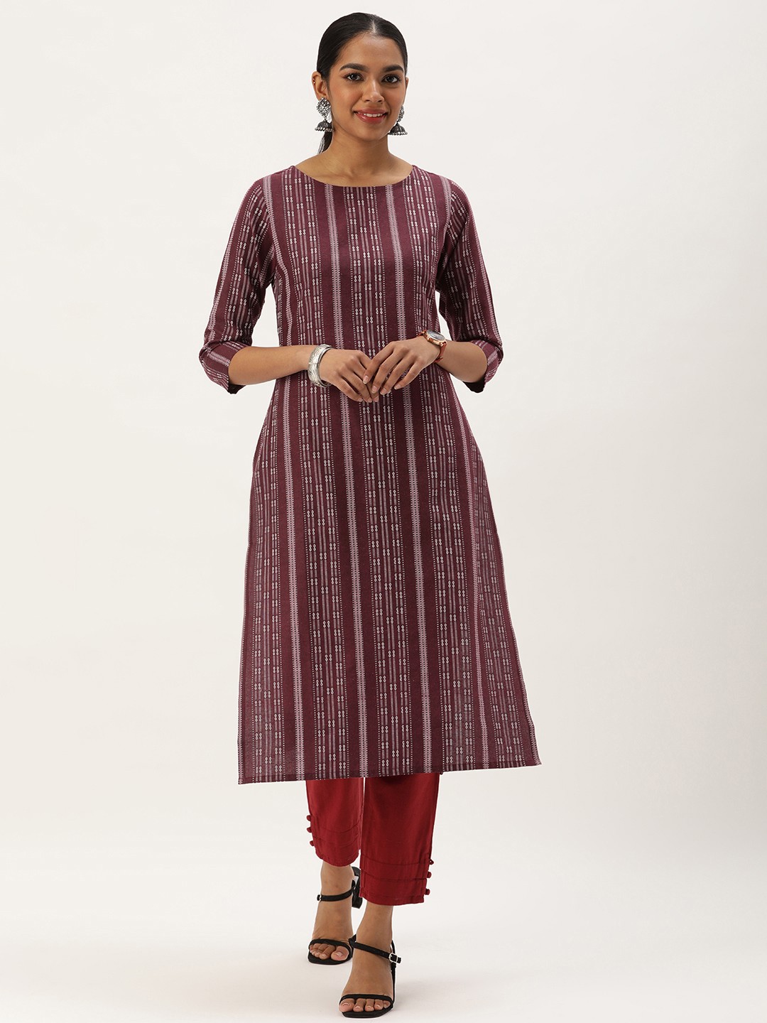 

Saanjh Women Striped Cotton Kurta, Burgundy