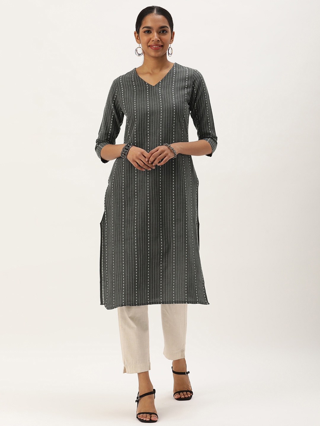

Saanjh Women Striped Cotton Kurta, Grey