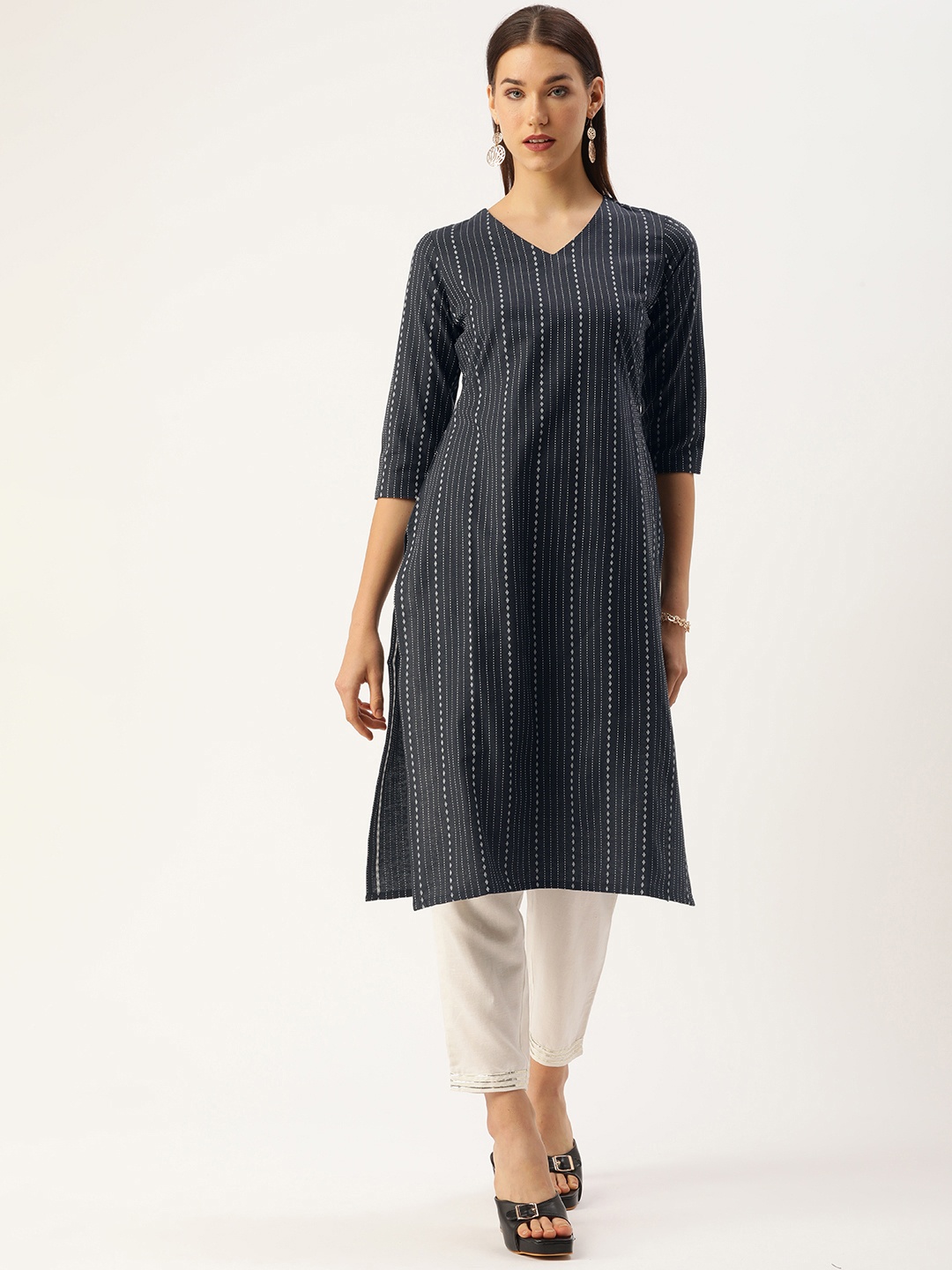 

Saanjh Women Striped Cotton Kurta, Navy blue