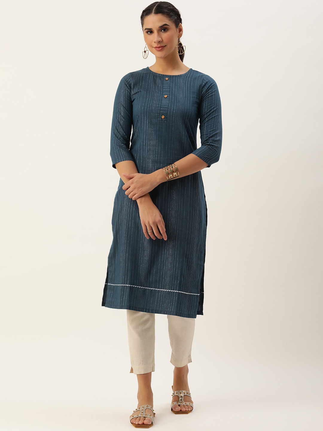 

Saanjh Women Teal & Blue Striped Kurta