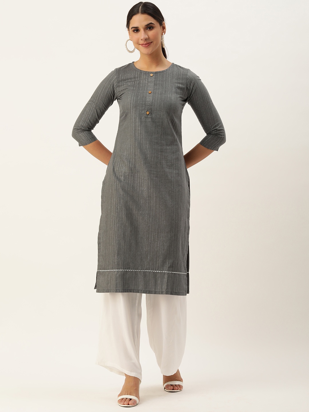 

Saanjh Women Grey Striped Kurta