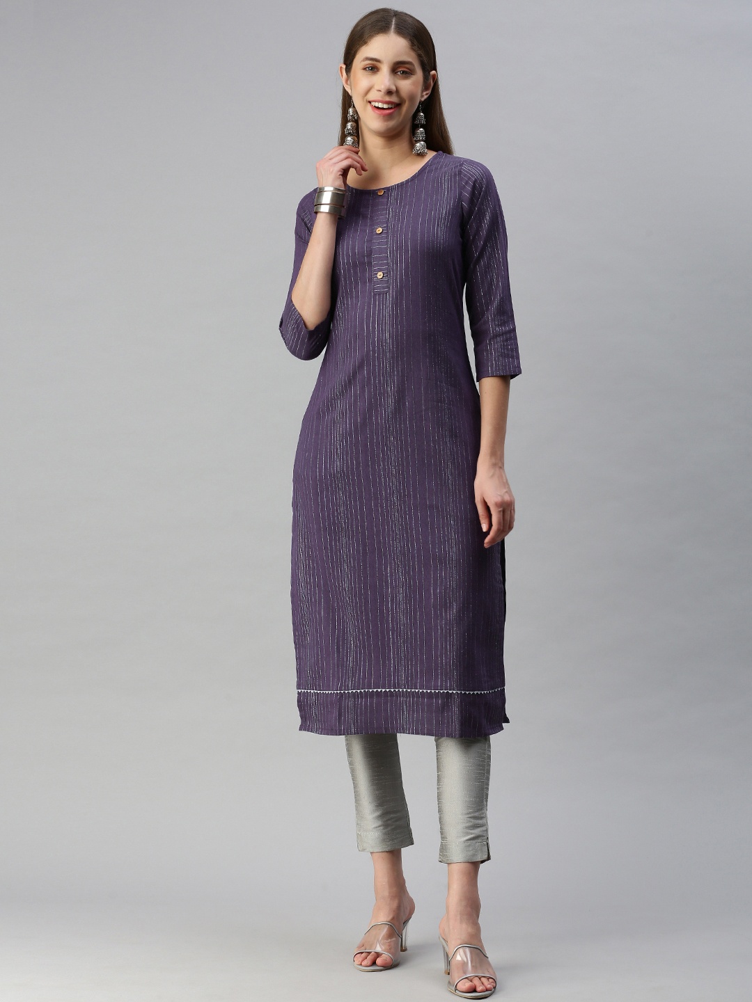 

HRITIKA Women Woven Design Striped Gotta Patti Straight Kurta, Purple