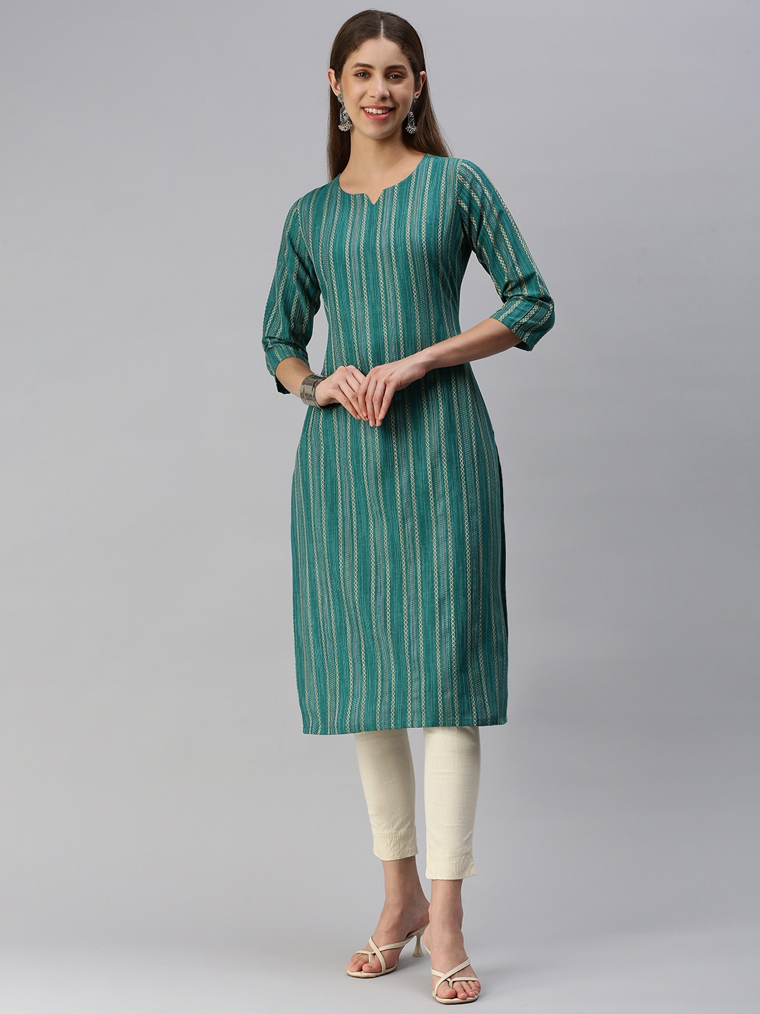 HRITIKA Women Woven Design Straight Kurta, Green