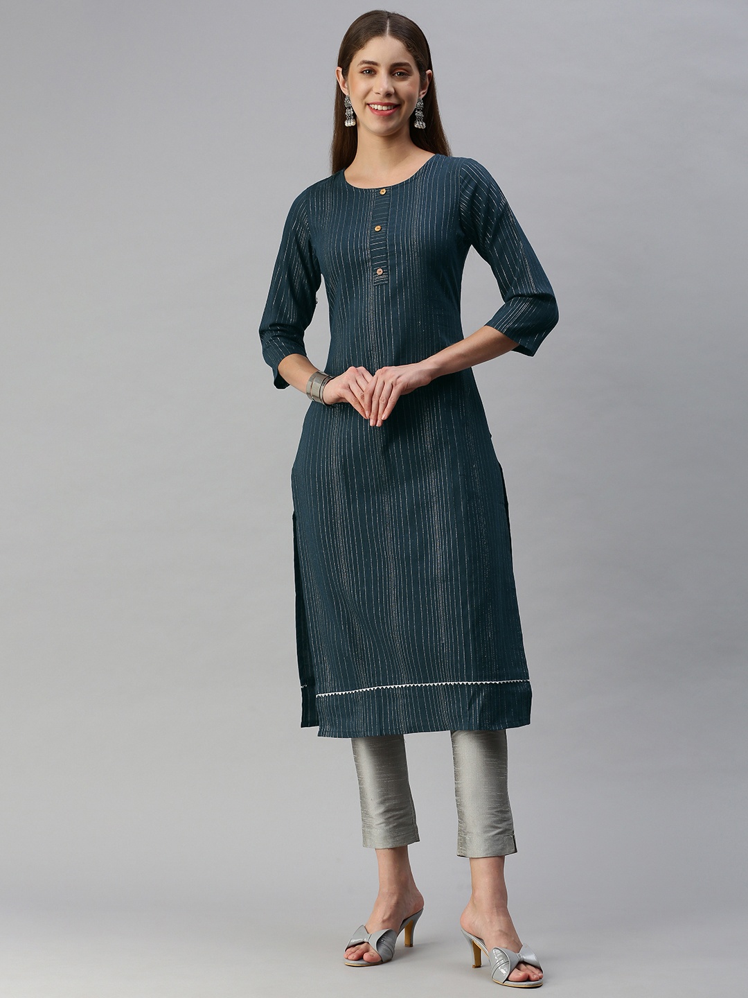 

HRITIKA Women Woven Design Striped Gotta Patti Straight Kurta, Blue