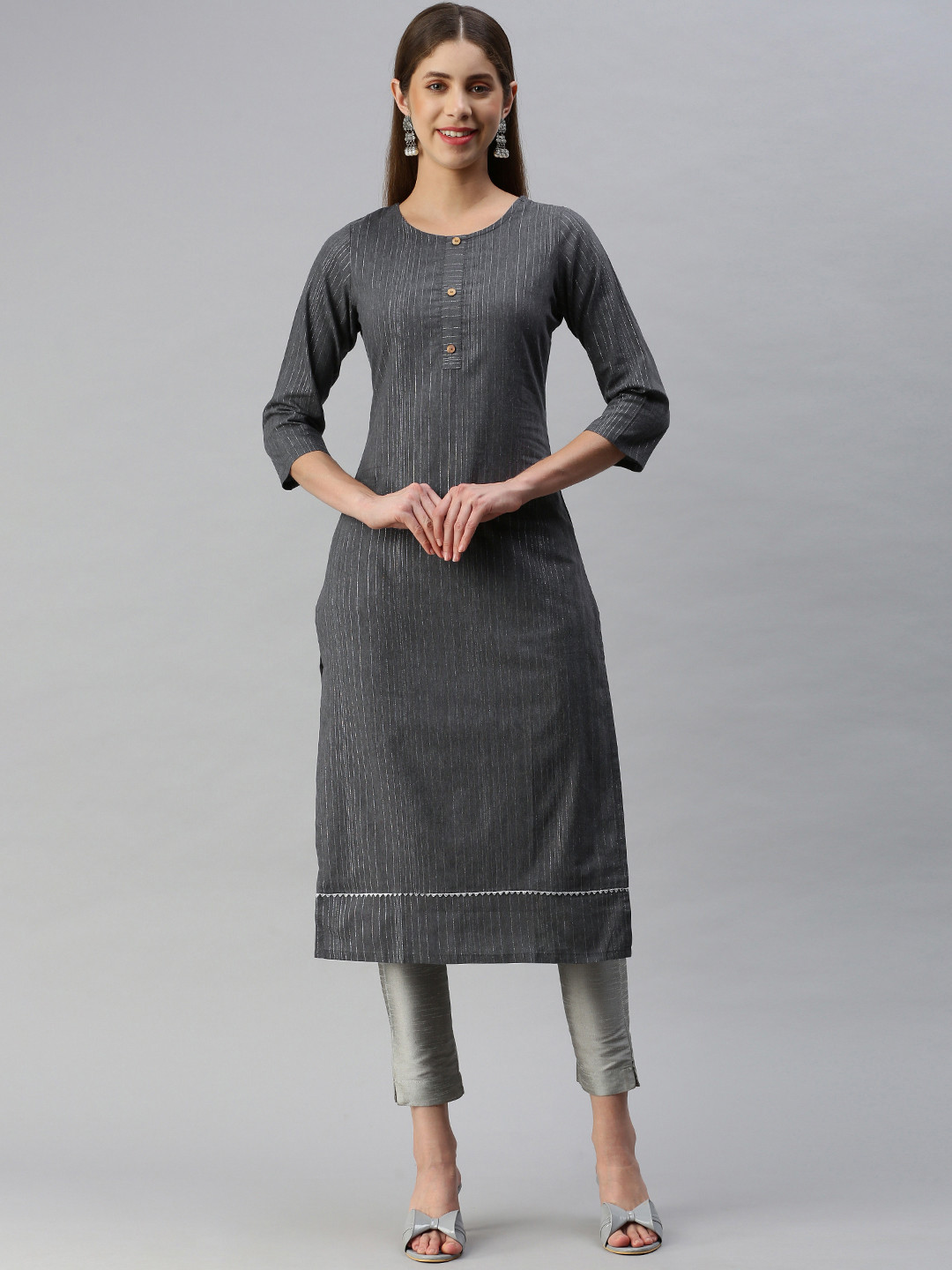 

HRITIKA Women Woven Design Striped Gotta Patti Straight Kurta, Grey