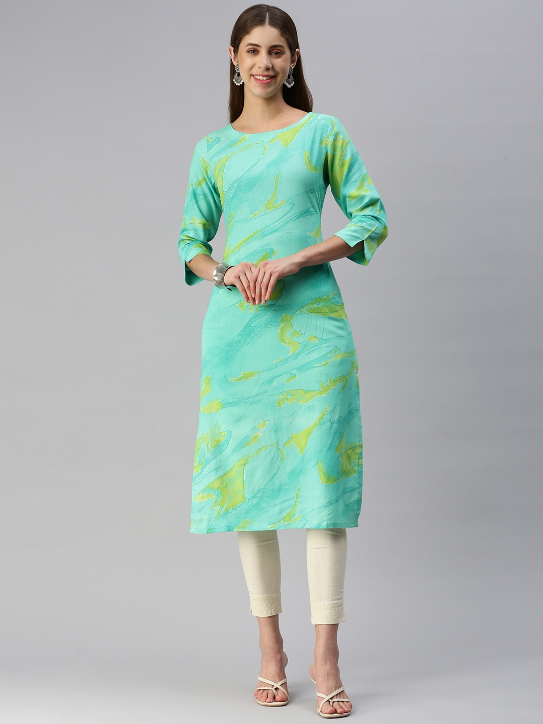 

HRITIKA Women Turquoise Blue & Yellow Printed Kurta