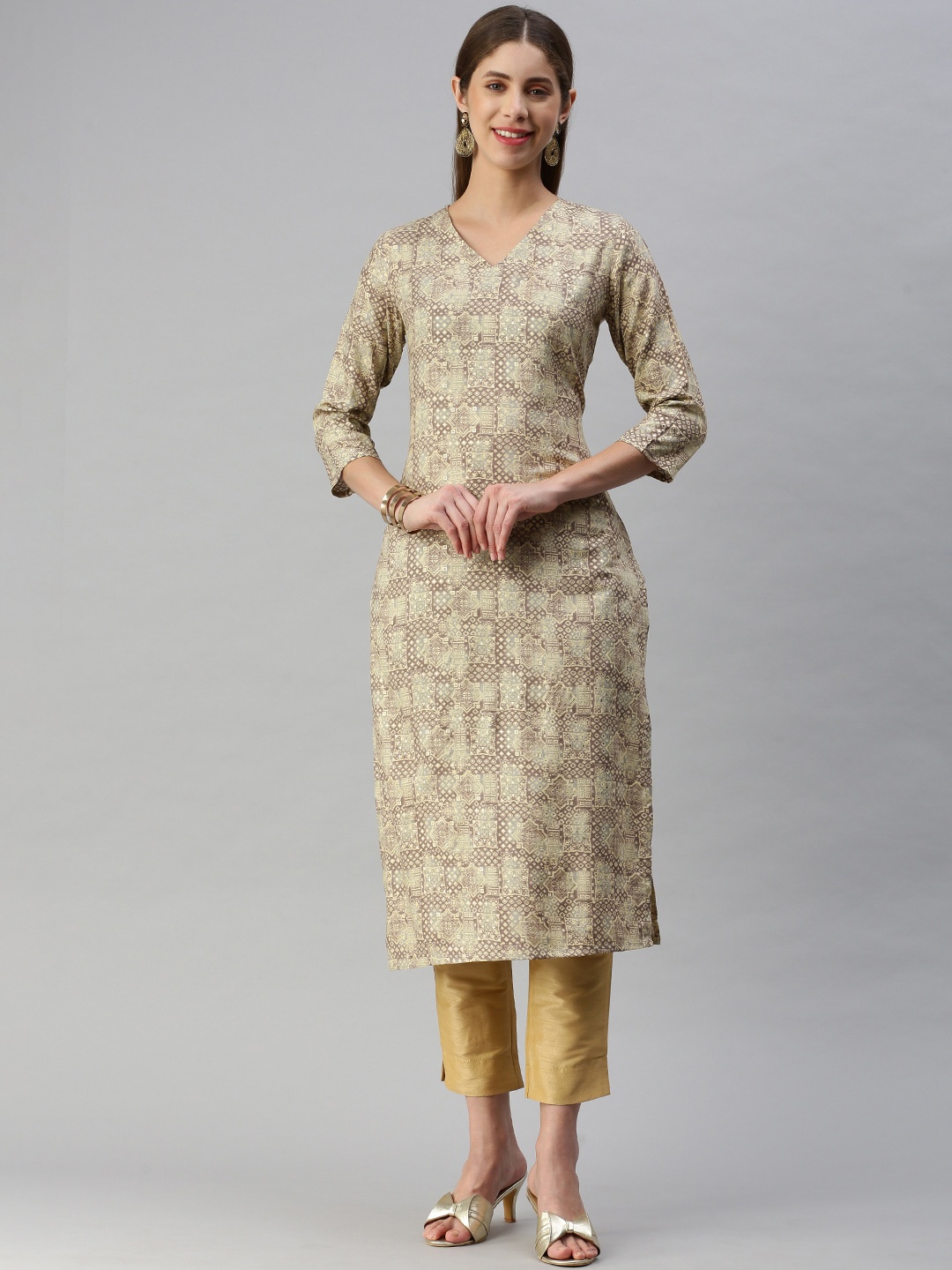 

HRITIKA Women Grey & Khaki Ethnic Motifs Printed Kurta