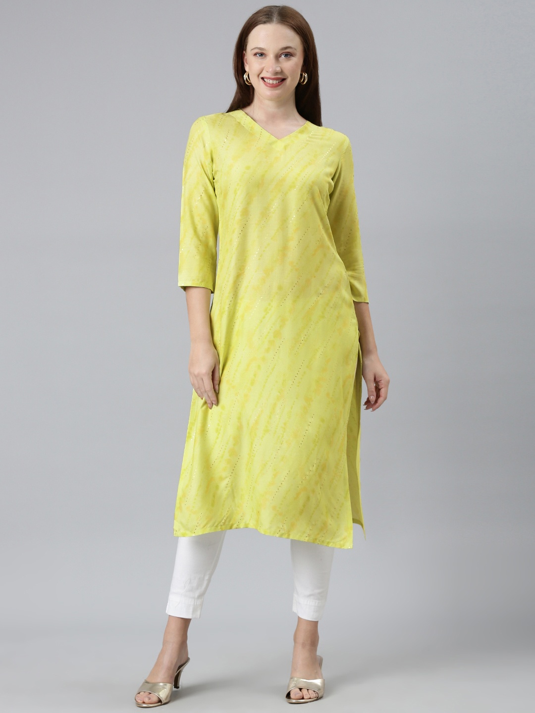 

KALINI Women Printed Straight Kurta, Lime green