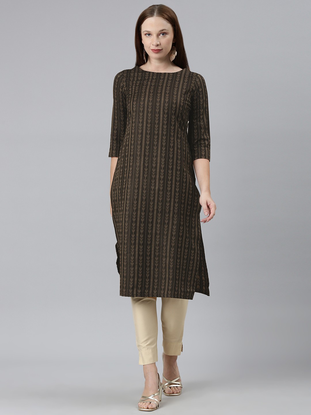 

KALINI Women Striped Straight Cotton Kurta, Black