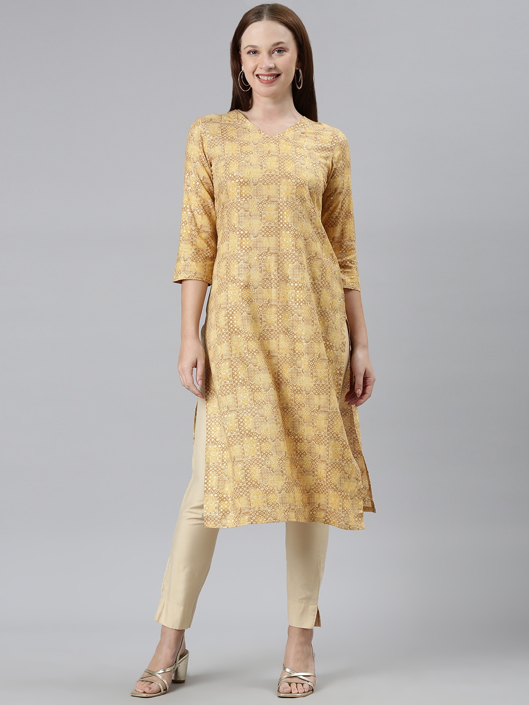 

KALINI Self Design Round Neck Kurta, Yellow