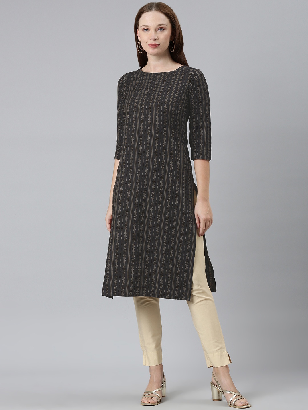 

KALINI Striped Straight Cotton Kurta, Navy blue