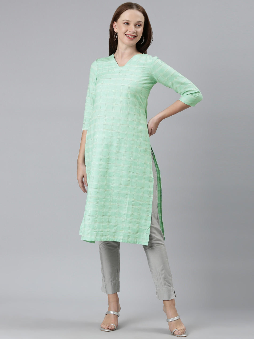 

KALINI Self Design Round Neck Kurta, Turquoise blue