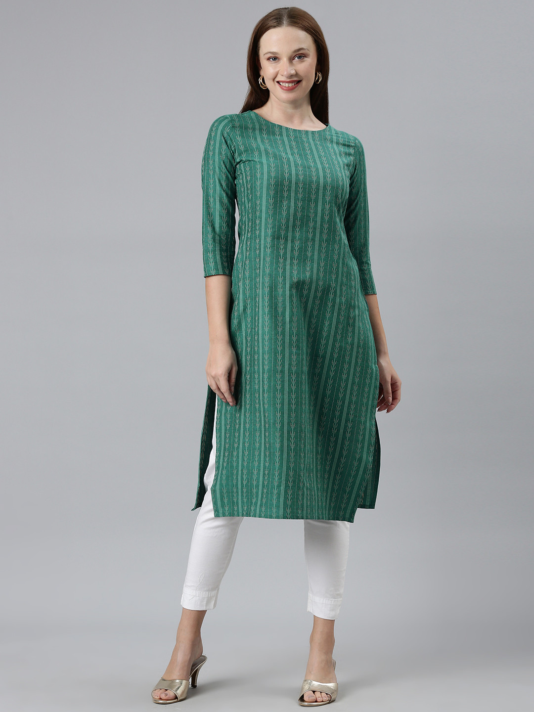

KALINI Self Design Round Neck Kurta, Green
