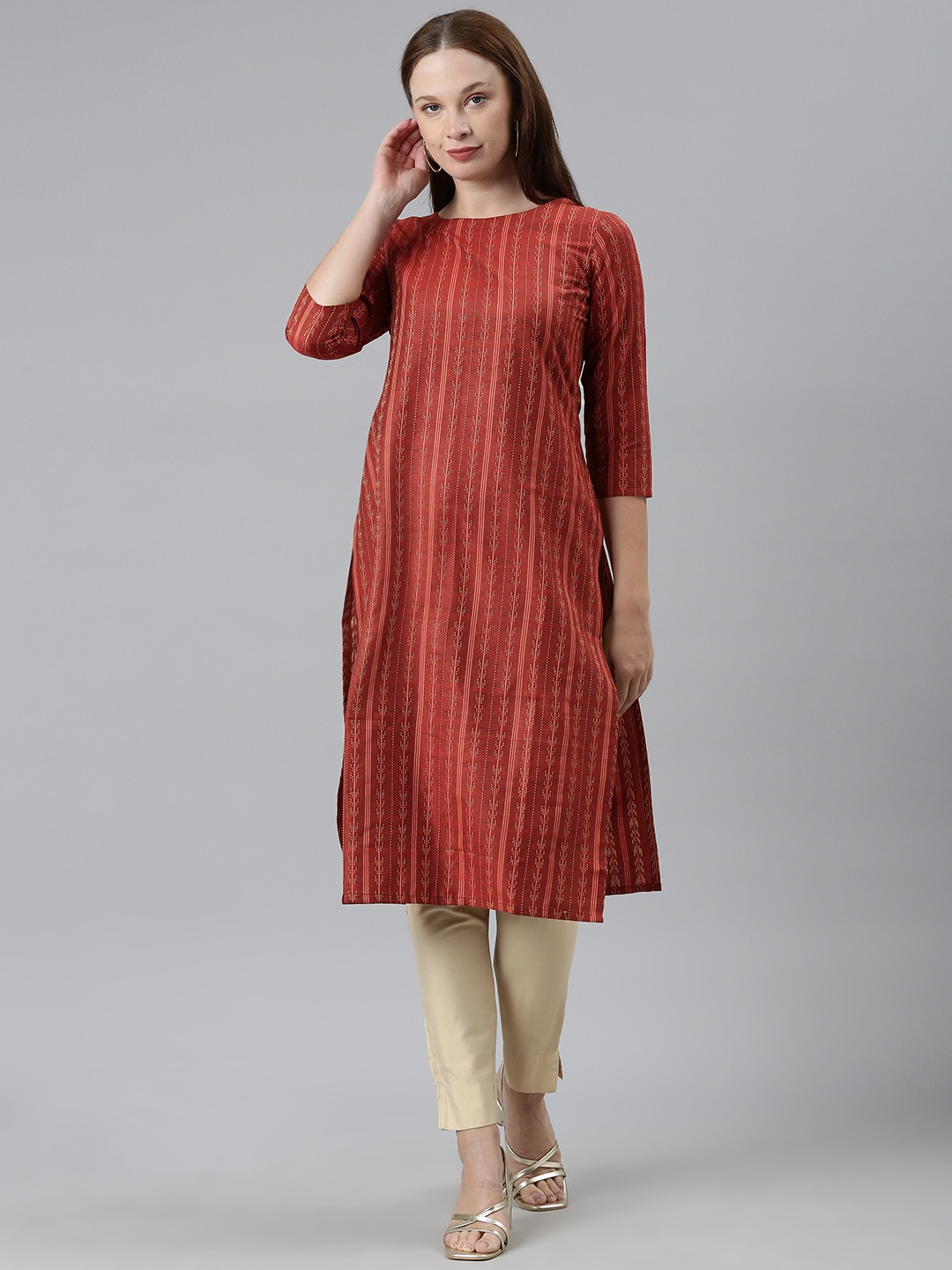 

KALINI Self Design Round Neck Kurta, Red