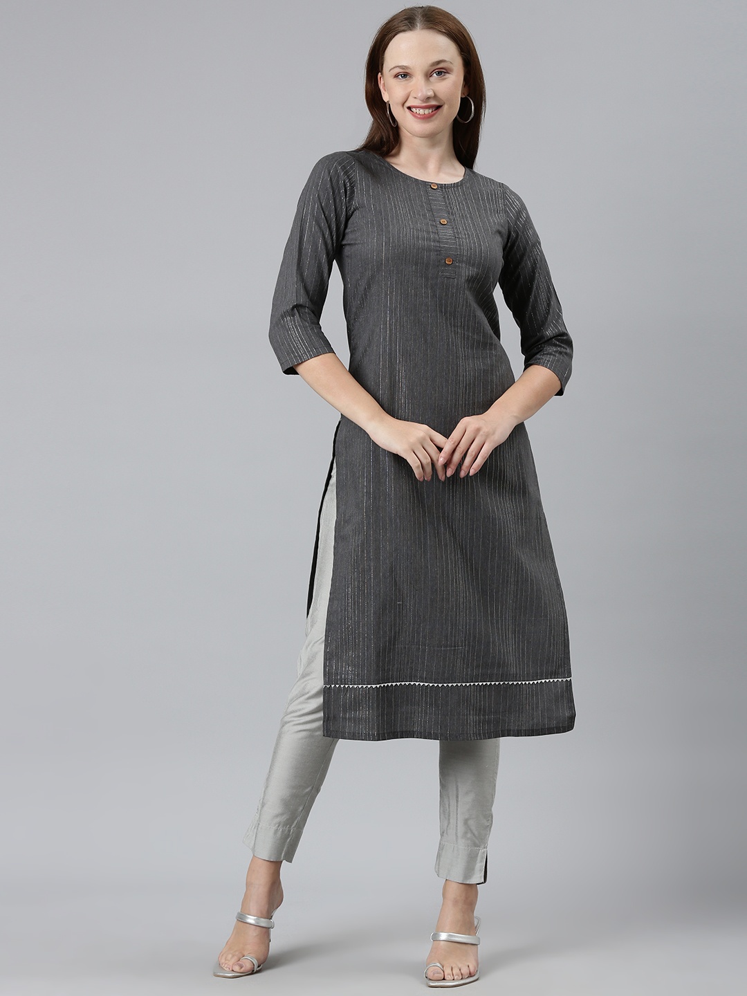 

KALINI Women Striped Straight Cotton Kurta, Grey