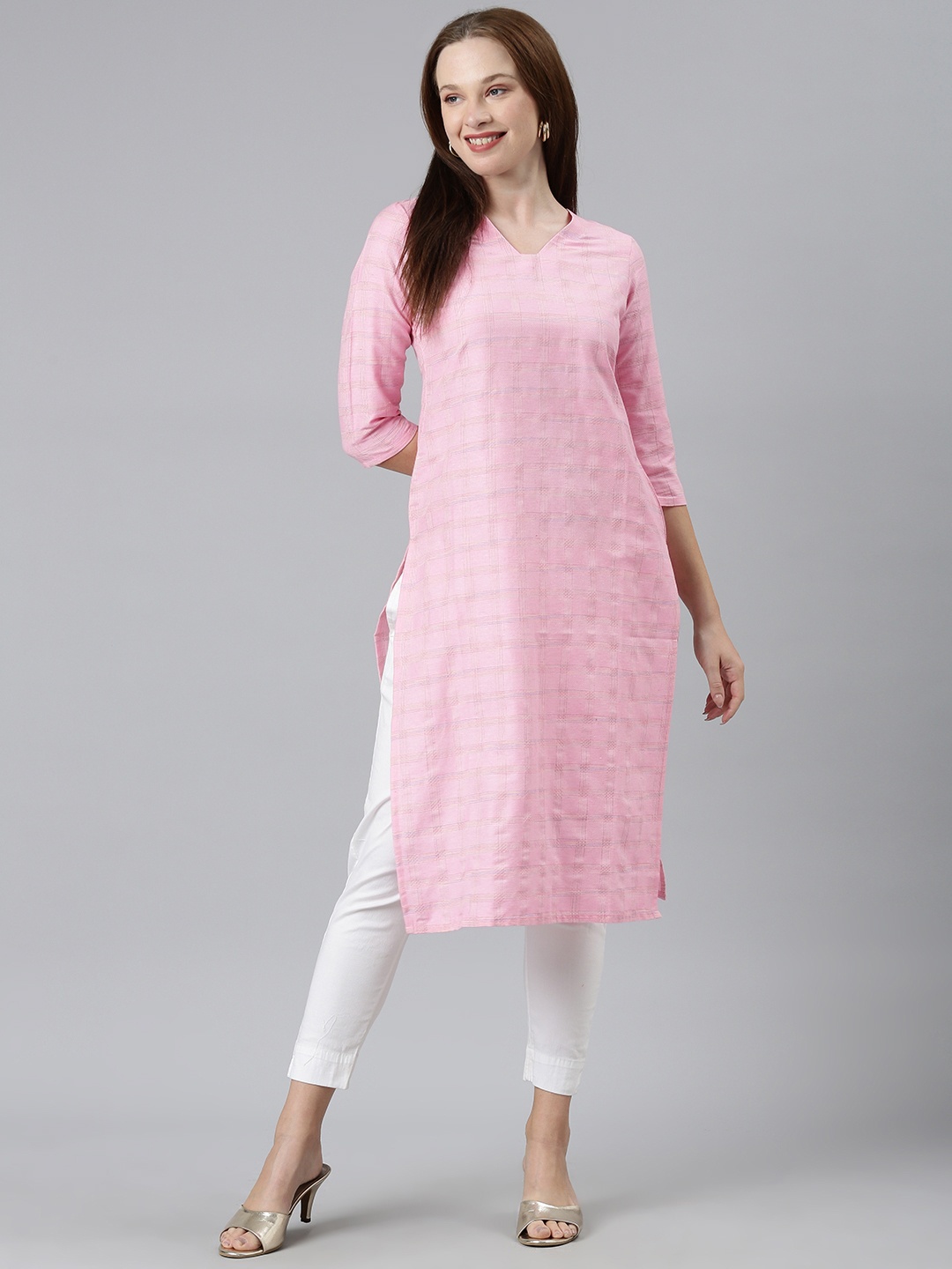 

KALINI Self Design Round Neck Kurta, Pink