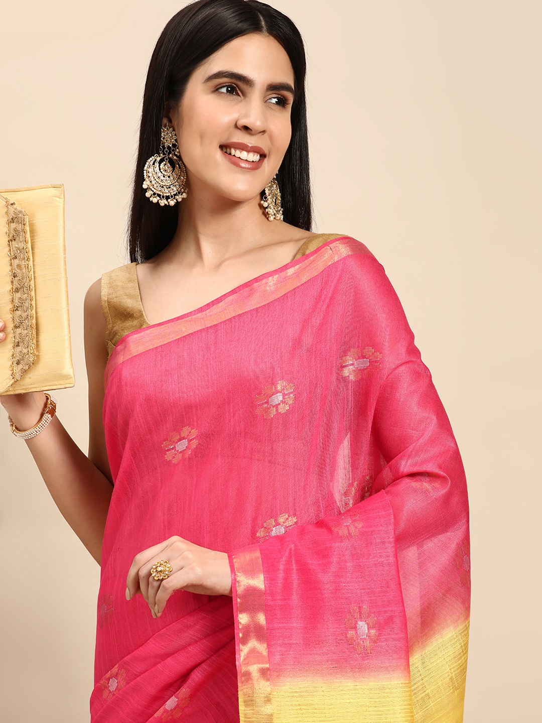 

swatika Pink & Yellow Woven Design Silk Blend Handloom Bhagalpuri Saree