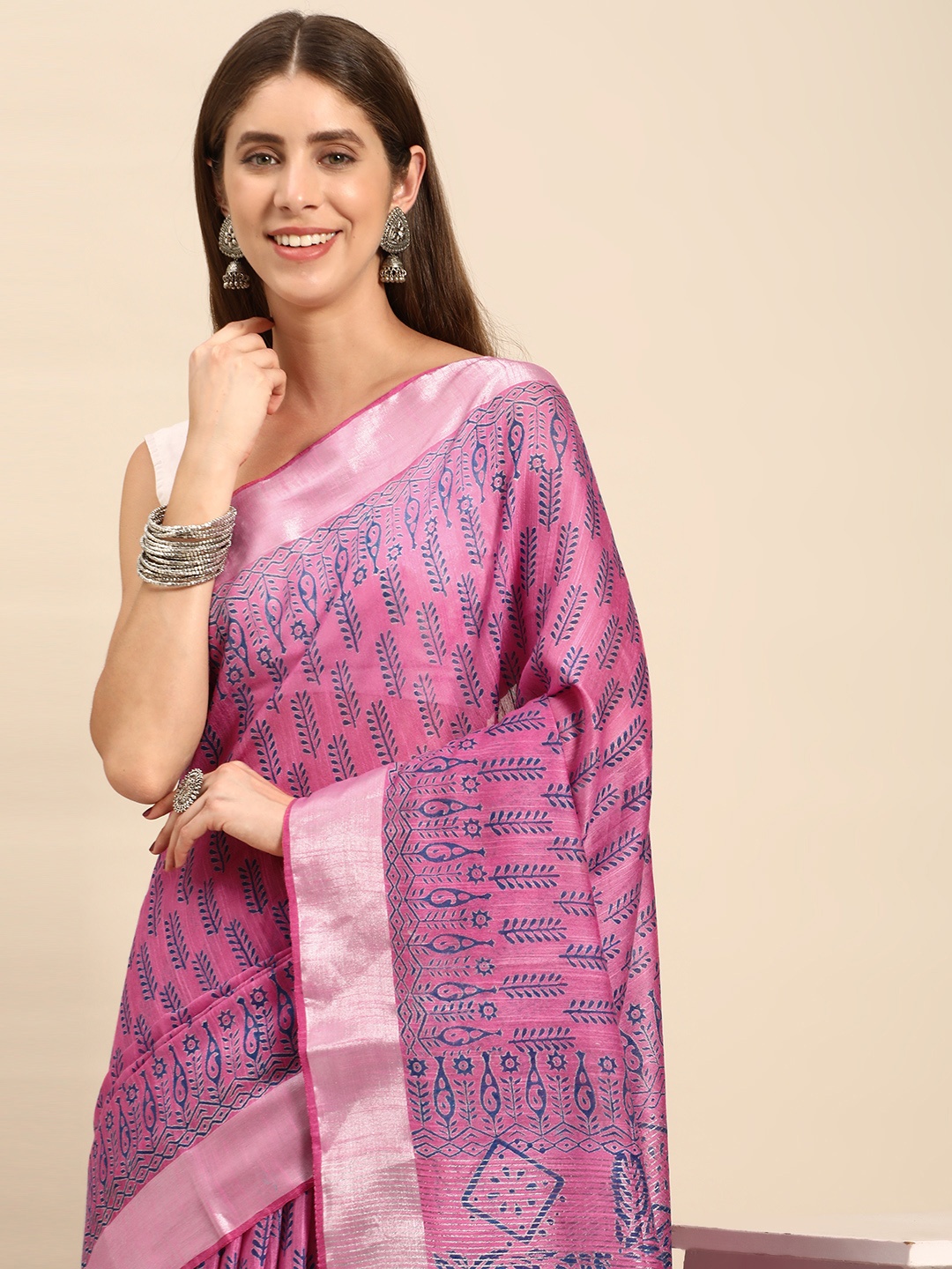 

swatika Floral Zari Silk Blend Bhagalpuri Saree, Pink