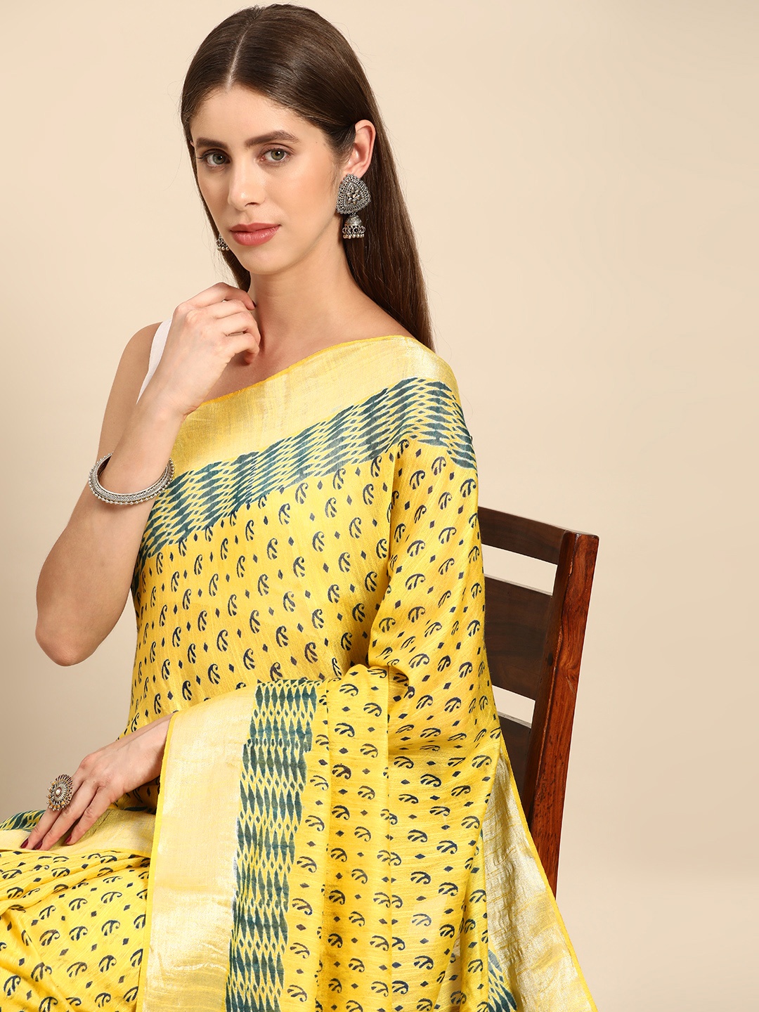 

swatika Ethnic Motifs Zari Silk Blend Bhagalpuri Saree, Yellow