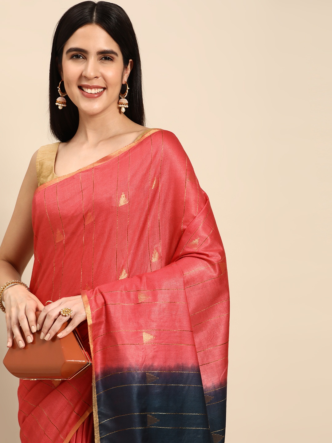 

swatika Peach-Coloured & Blue Woven Design Silk Blend Handloom Bhagalpuri Saree