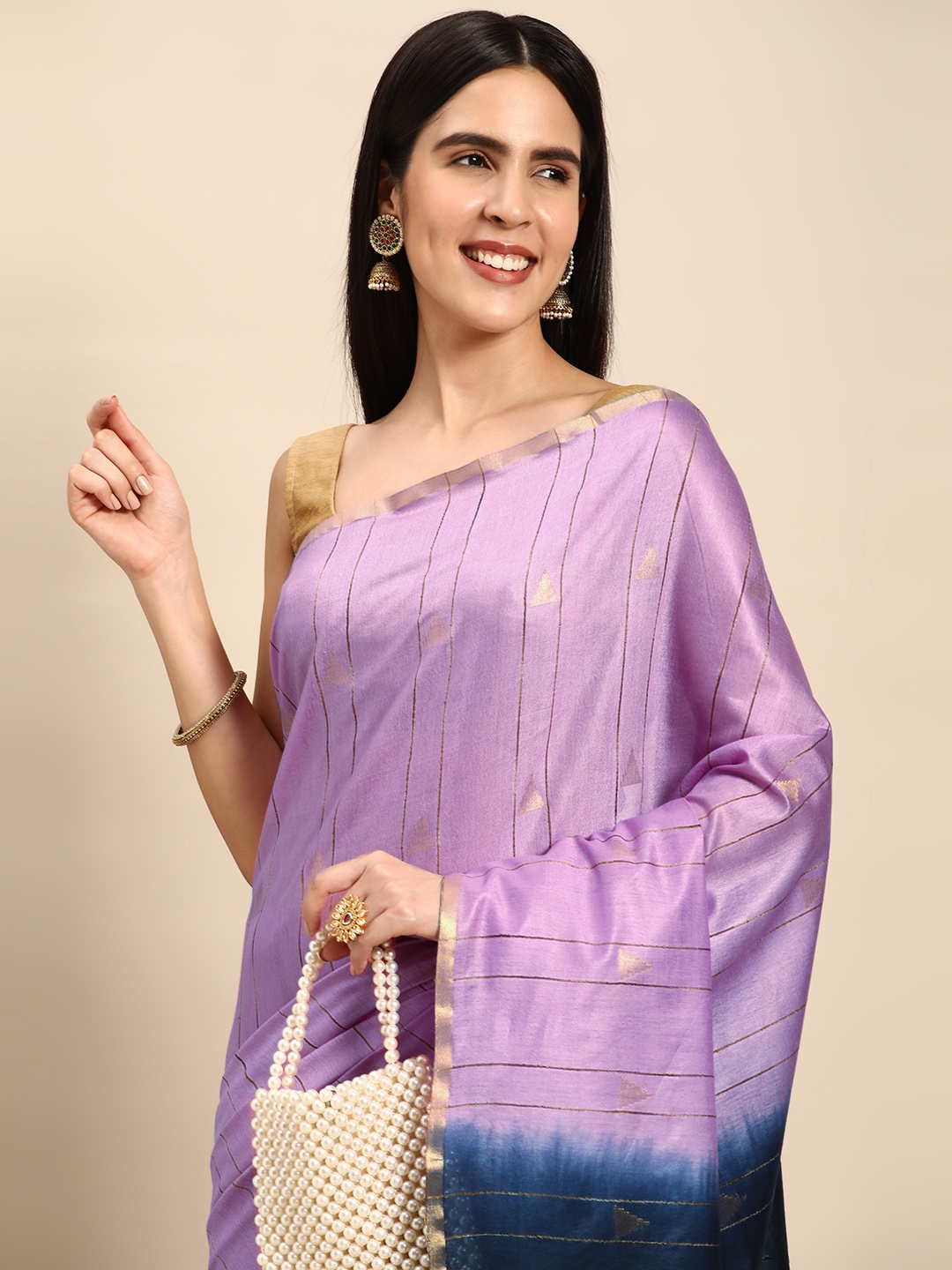 

swatika Purple & Blue Woven Design Silk Blend Handloom Bhagalpuri Saree