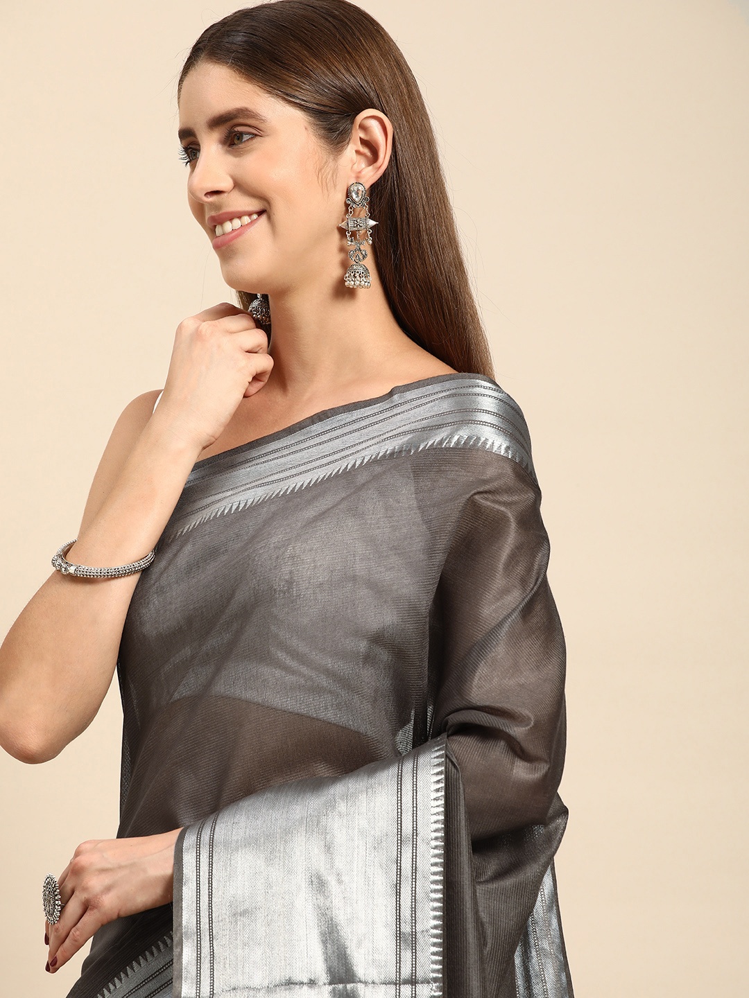 

swatika Brown & Brown Woven Design Silk Blend Handloom Bhagalpuri Saree