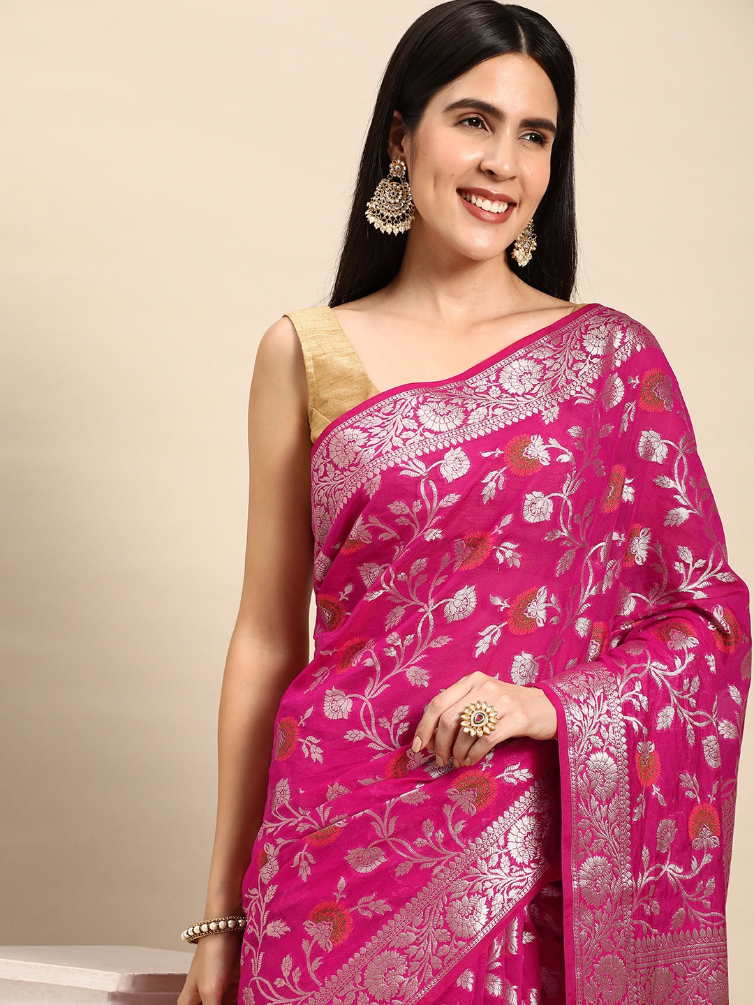 

swatika Floral Zari Pure Georgette Banarasi Saree, Pink