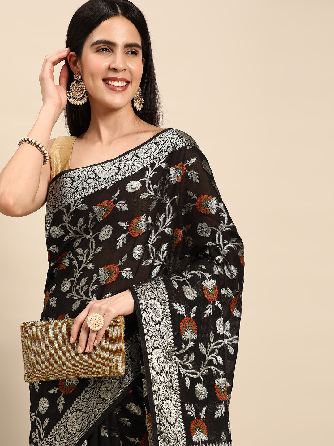 

swatika Floral Zari Pure Georgette Banarasi Saree, Black