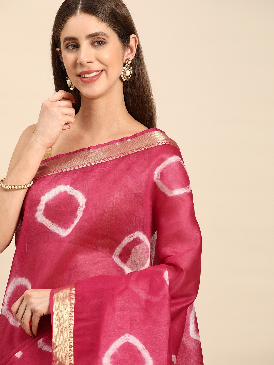 

swatika Tie & Dye Zari Pure Cotton Bhagalpuri Saree, Pink