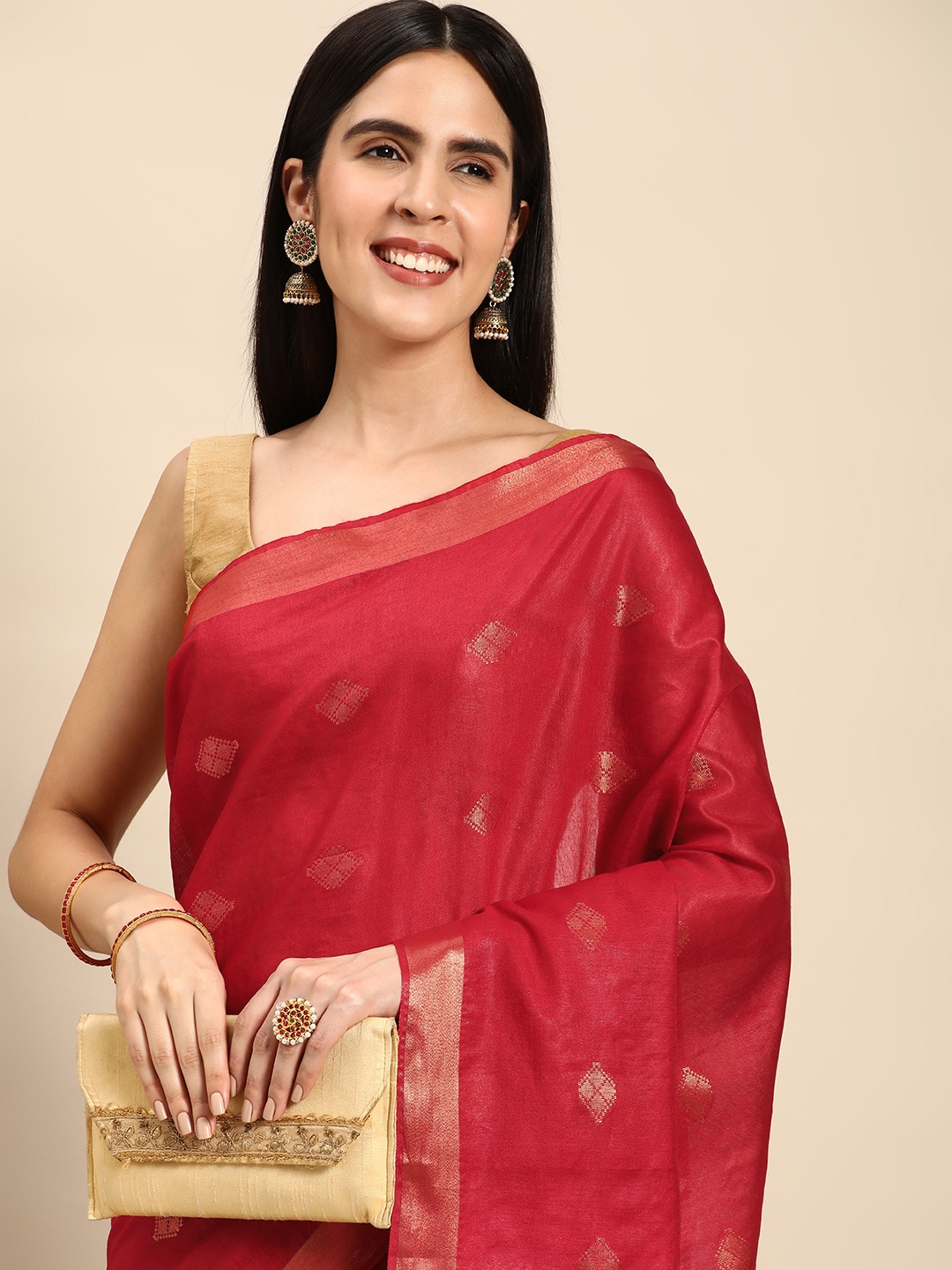 

swatika Red & Blue Woven Design Silk Blend Handloom Bhagalpuri Saree