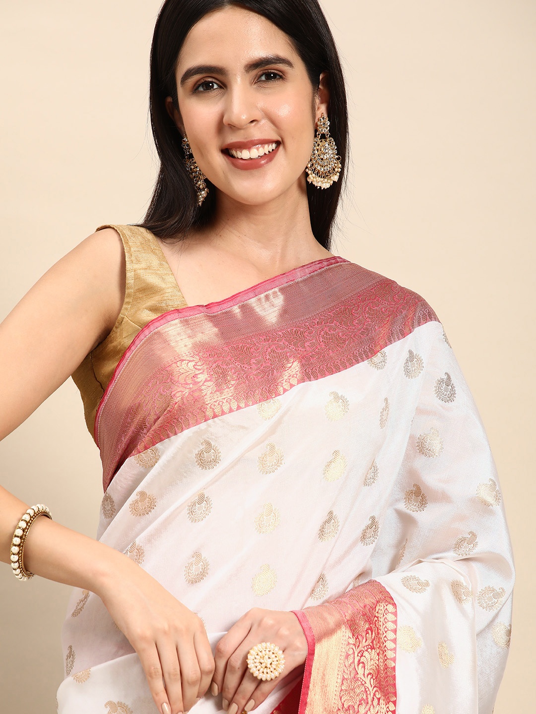 

swatika Ethnic Motifs Zari Silk Blend Banarasi Saree, White