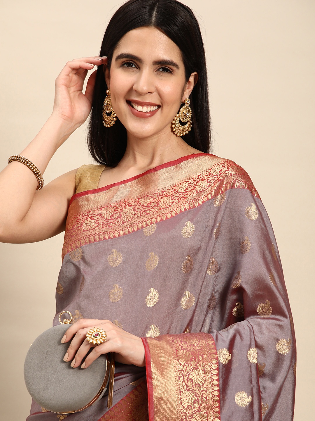

swatika Ethnic Motifs Zari Silk Blend Banarasi Saree, Grey