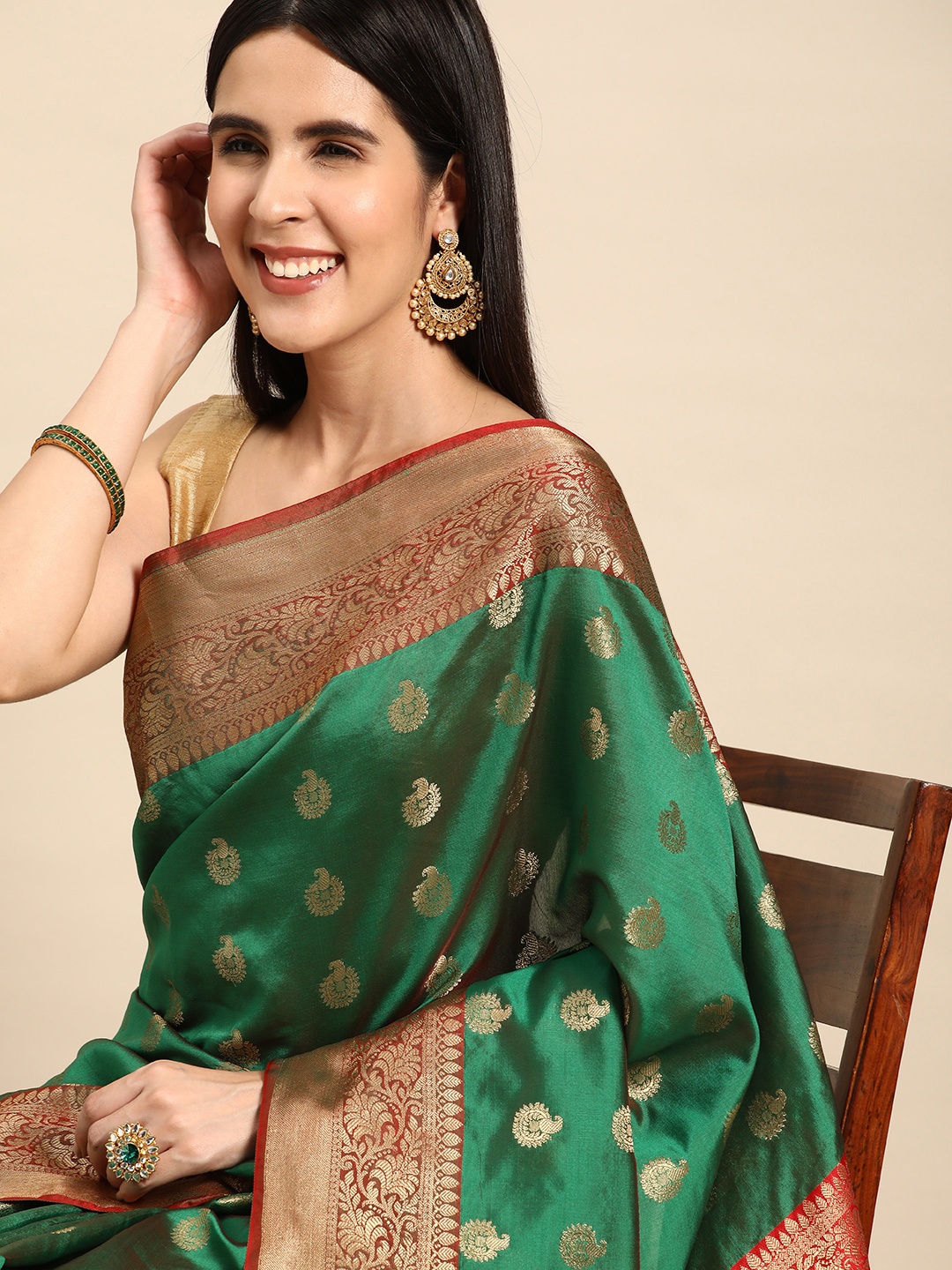 

swatika Ethnic Motifs Zari Silk Blend Banarasi Saree, Green