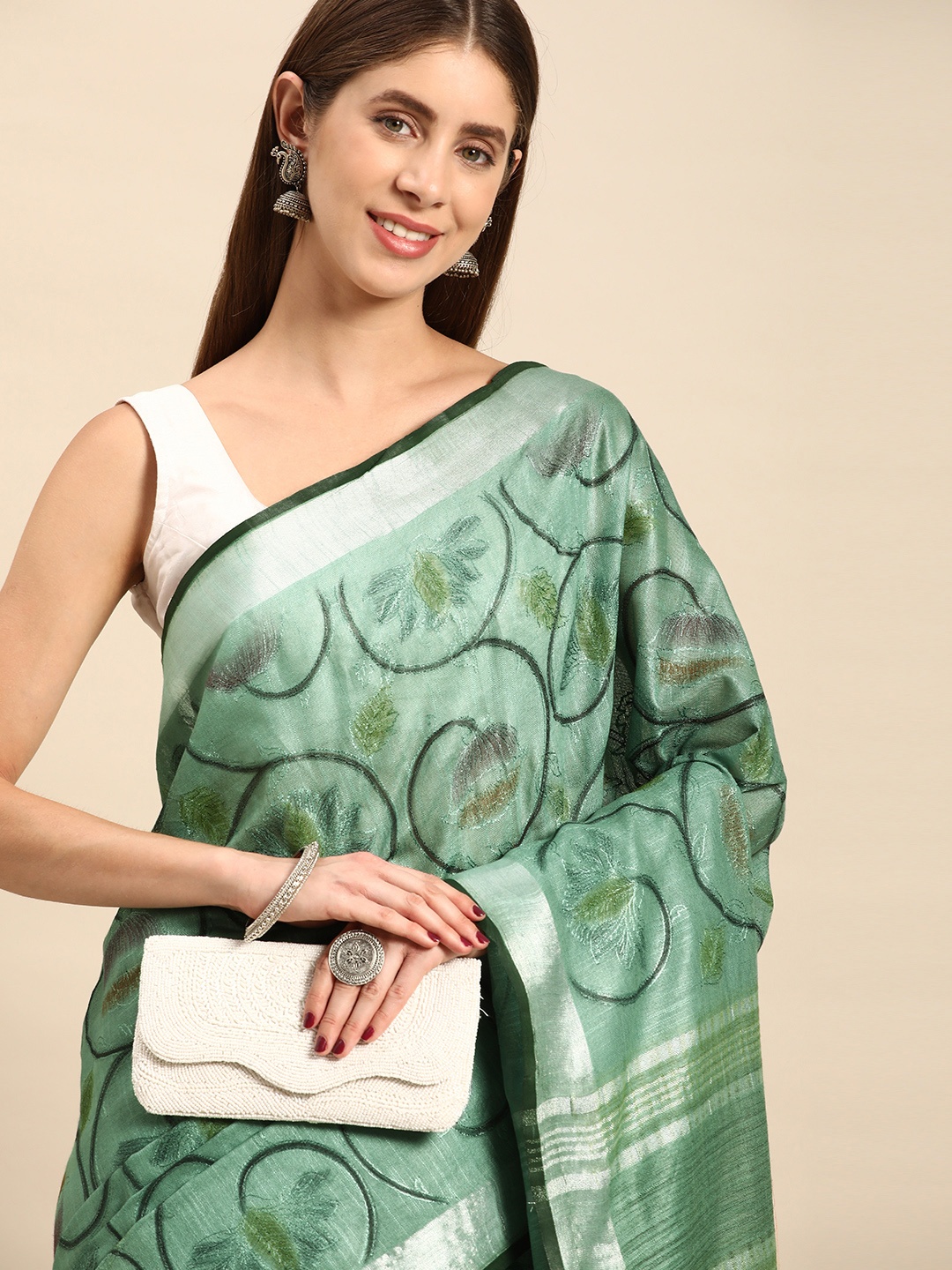 

swatika Floral Zari Pure Cotton Bhagalpuri Saree, Green