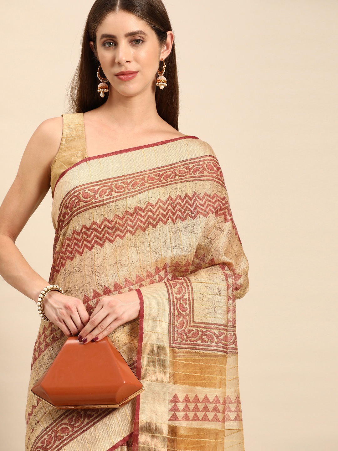 

swatika Printed Zari Silk Blend Bhagalpuri Saree, Brown