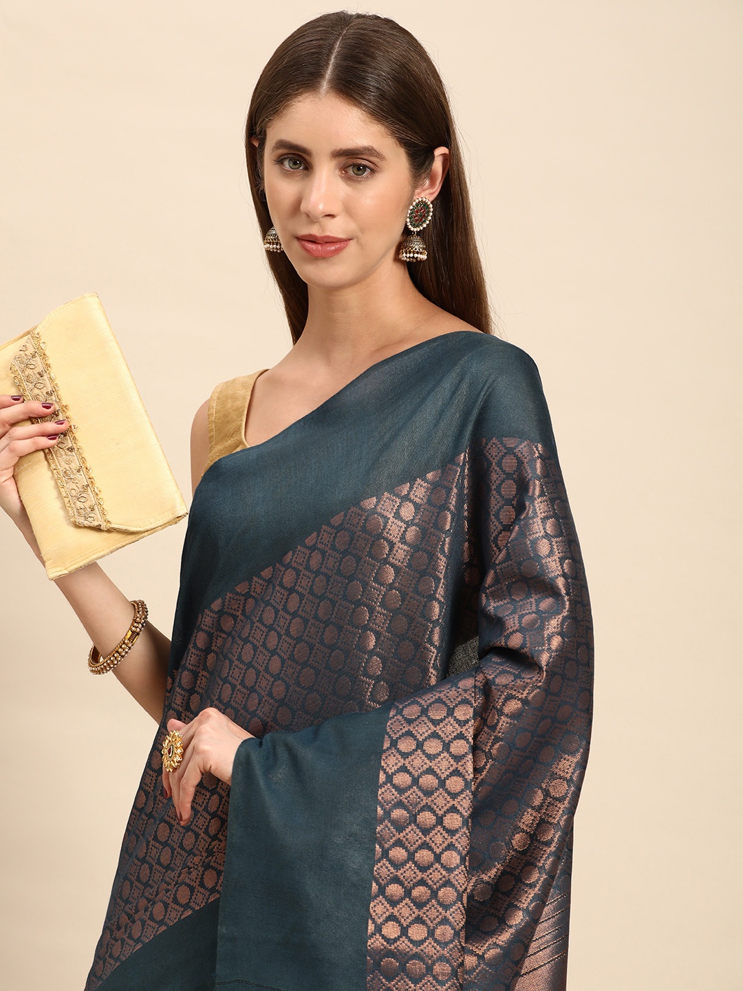 

swatika Grey & Grey Woven Design Silk Blend Handloom Bhagalpuri Saree