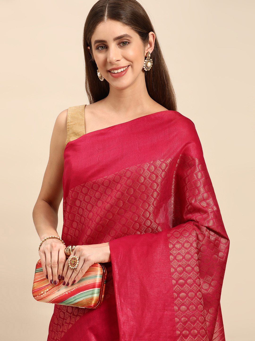 

swatika Woven Design Zari Silk Blend Bhagalpuri Saree, Pink