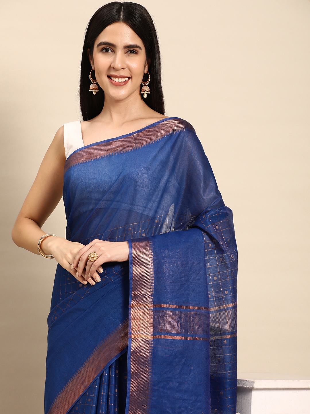 

swatika Blue & Pink Woven Design Silk Blend Handloom Bhagalpuri Saree