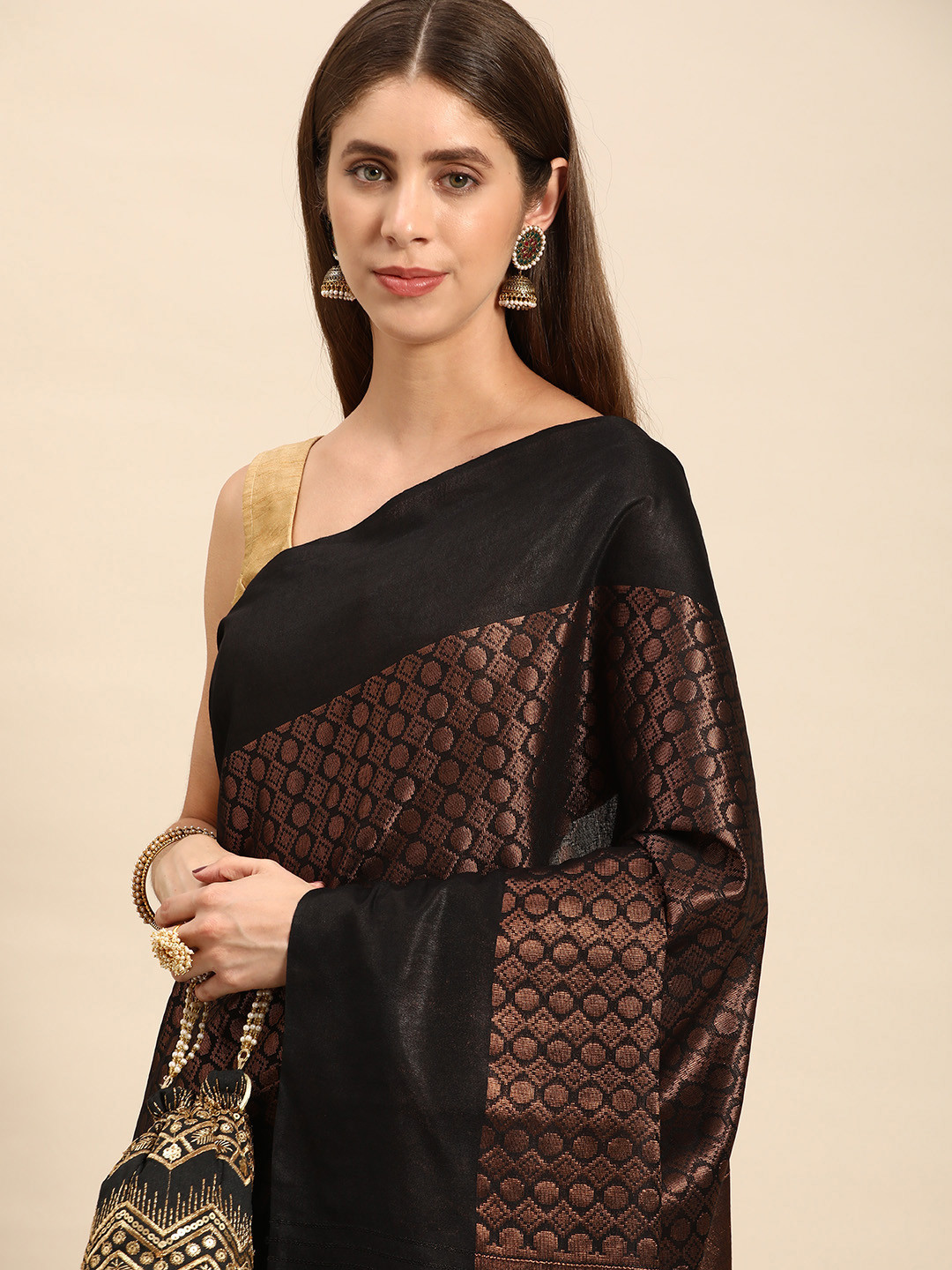 

swatika Black & Black Woven Design Silk Blend Handloom Bhagalpuri Saree