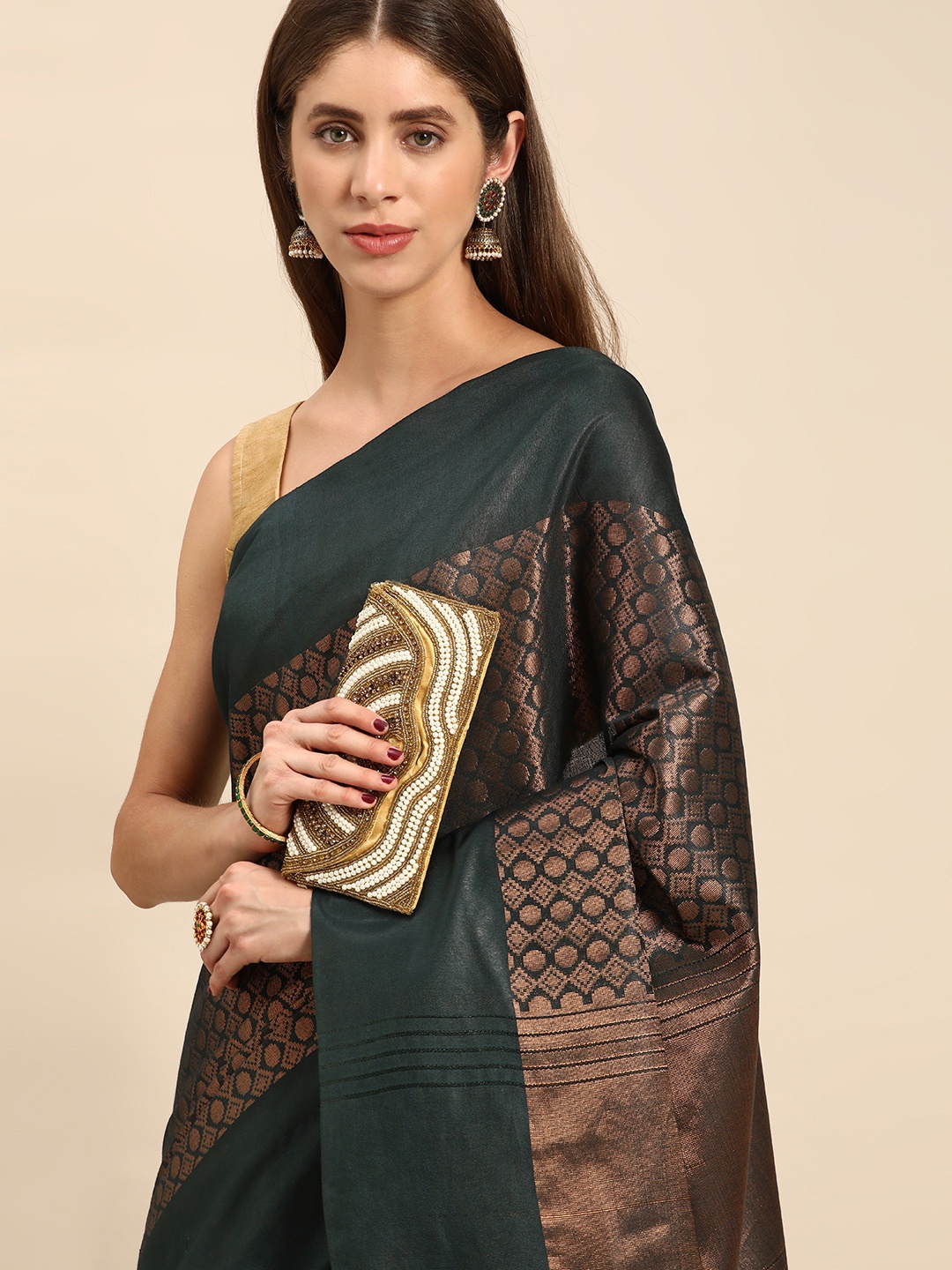 

swatika Woven Design Zari Silk Blend Bhagalpuri Saree, Green