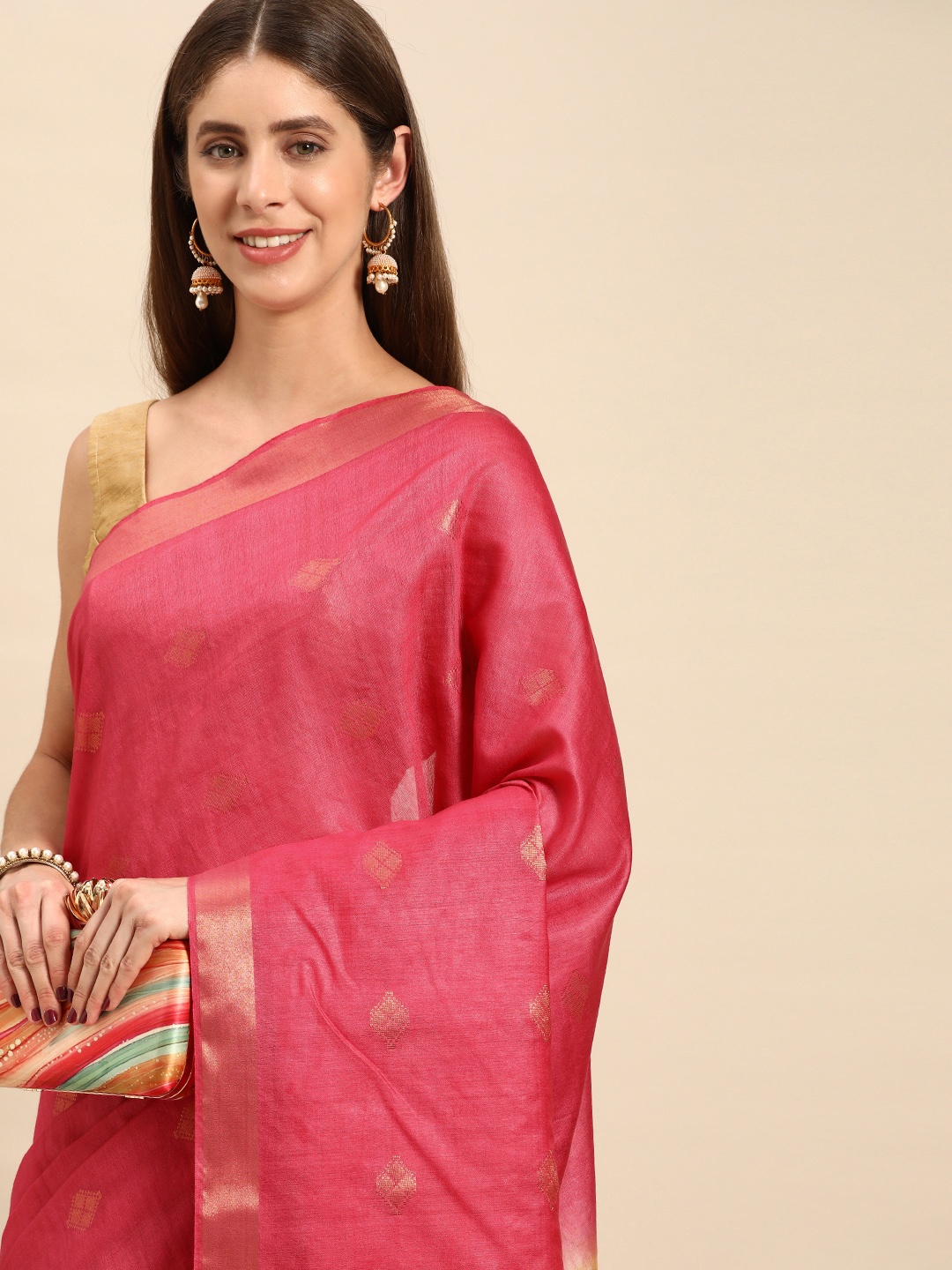 

swatika Ethnic Motifs Zari Silk Blend Bhagalpuri Saree, Pink